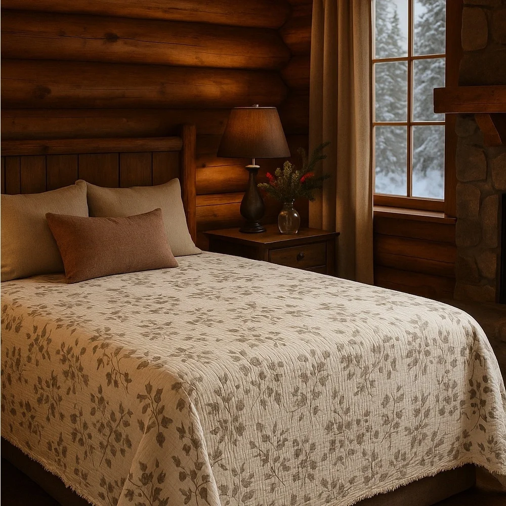 Earth Brown Taupe Floral Quilt Bedspread Dark Taupe Ecru Cream Loom Weave QUEEN